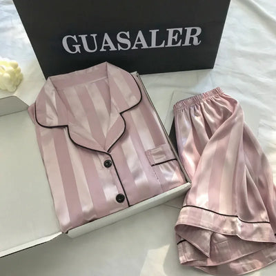 1 Set Women's Elegant Lounge Set, Plus Size Satin Striped Button Up