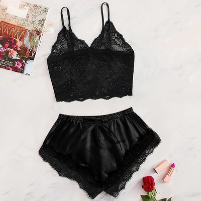 2025 Summer 2 Pcs Women's New Sexy Lace See-Through Pajamas Black Pink