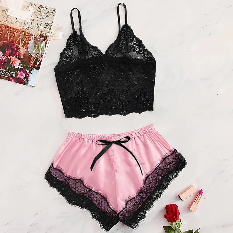 2025 Summer 2 Pcs Women's New Sexy Lace See-Through Pajamas Black Pink