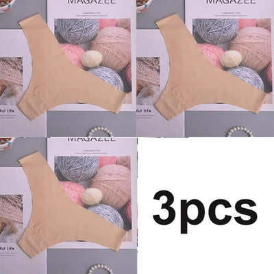 3PCS Seamless Panties Women Ice Silk Underwear Low Waist V-Waist