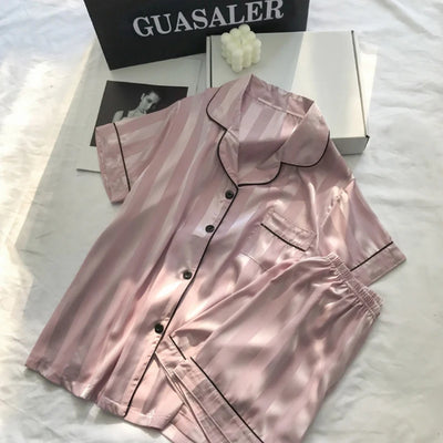 1 Set Women's Elegant Lounge Set, Plus Size Satin Striped Button Up