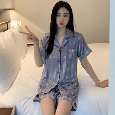 1 Set Women's Elegant Lounge Set, Plus Size Satin Striped Button Up