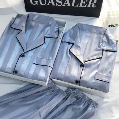 1 Set Women's Elegant Lounge Set, Plus Size Satin Striped Button Up